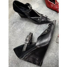 (Black 39) Riveted Folded Lace-Up High Heel Mary Jane Pointed Toe Retro Bow Single Shoes