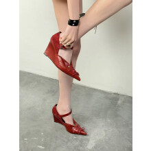 (Red 36) Riveted Folded Lace-Up High Heel Mary Jane Pointed Toe Retro Bow Single Shoes