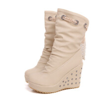 (Beige 34) Short Boots Wedge High Heel Women's Sweet Lace
