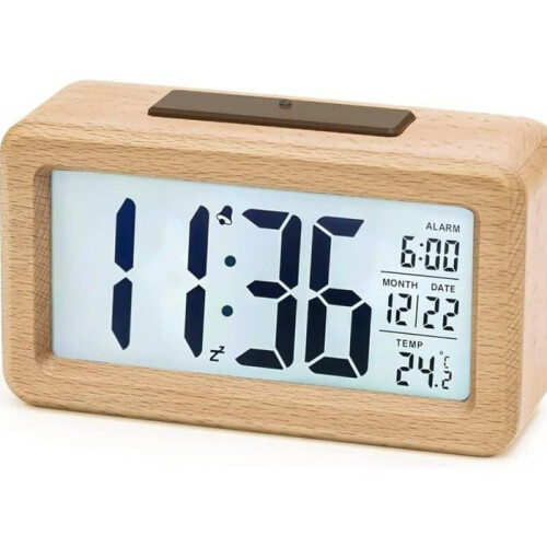 Wooden Digital Alarm Clock with Large LCD Display, Date and Temperature, Automatic Light Sensor, Snooze Function, Batter