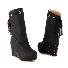 (Black 43) Short Boots Wedge High Heel Women's Sweet Lace