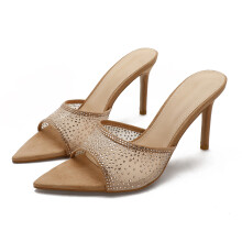 (Brown 8.5cm 34) Rhinestone Pointed Toe Stiletto High Heel Sandals, Sexy Open Toe Slippers for Women