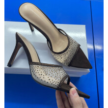 (Dark brown 8.5cm 37) Rhinestone Pointed Toe Stiletto High Heel Sandals, Sexy Open Toe Slippers for Women