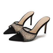 (Black 8.5cm 35) Rhinestone Pointed Toe Stiletto High Heel Sandals, Sexy Open Toe Slippers for Women