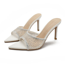 (White 8.5cm 40) Rhinestone Pointed Toe Stiletto High Heel Sandals, Sexy Open Toe Slippers for Women