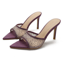(Purple 7cm40) Rhinestone Pointed Toe Stiletto High Heel Sandals, Sexy Open Toe Slippers for Women