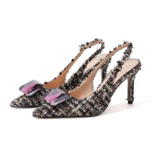 (Dark brown 8.5cm 38) Closed-Toe Hollow Back Sandals Pointed Toe Rhinestone Stiletto Women's Wool Upper Lining Spring