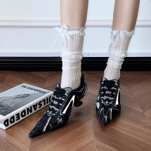 (Silver 35) Black Sporty Ballet Casual Lace-Up Trainer Single Shoes, Minimalist Premium Pointed Toe High Heels for Women