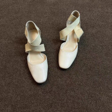 (White 37) Cross Strap Hollow Chunky Heel Ballet High Heels, Retro Versatile Closed-Toe Sandals 2025