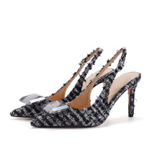 (Black 8.5cm 37) Closed-Toe Hollow Back Sandals Pointed Toe Rhinestone Stiletto Women's Wool Upper Lining Spring