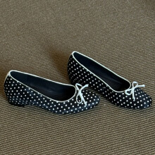 (Black 39) Polka Dot Korean Retro Vintage Mary Jane Shoes, Tweed Style Shallow Chunky Heel Flats, French Bow Shoes