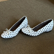 (White 35) Polka Dot Korean Retro Vintage Mary Jane Shoes, Tweed Style Shallow Chunky Heel Flats, French Bow Shoes