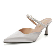 (2119-4 Silver 40) Closed-Toe Sandals Women Summer Pointed Toe One-Strap Pearl Stiletto High Heel Slippers