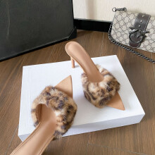 (Leopard print 8.5cm 35) Versatile Warm Fuzzy One-Strap Pointed Toe Stiletto High Heel Fur Slippers