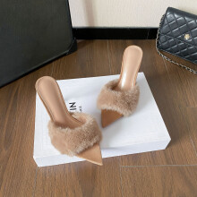 (Brown 7cm38) Versatile Warm Fuzzy One-Strap Pointed Toe Stiletto High Heel Fur Slippers