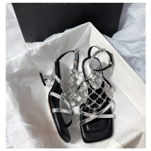 (Silver 35) Rhinestone High Heel Square Chunky Heel Internet Celebrity Metallic Open Toe Sandals