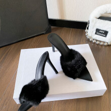 (Black 7cm36) Versatile Warm Fuzzy One-Strap Pointed Toe Stiletto High Heel Fur Slippers