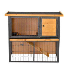 Jaula de madera de 2 pisos para conejos de 89,5 x 45 x 81 cm con techo de betún, corral, rampa y puerta con cerradura.