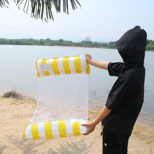 (Yellow stripes) Inflatable Hammock Pool Water Play Folding Lounger Floating Bed Mesh Float Raft