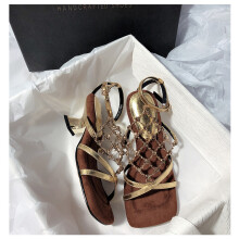 (Dark brown 39) Rhinestone High Heel Square Chunky Heel Internet Celebrity Metallic Open Toe Sandals
