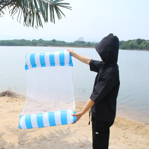 (Light blue striped float) Inflatable Hammock Pool Water Play Folding Lounger Floating Bed Mesh Float Raft