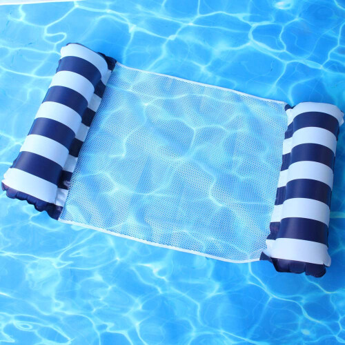 (Dark blue striped inflatable float) Inflatable Hammock Pool Water Play Folding Lounger Floating Bed Mesh Float Raft