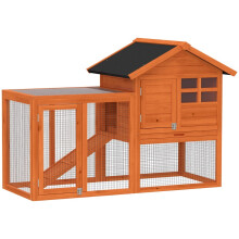 Jaula para conejos de dos pisos con techo de betún impermeable, corral, rampa y puertas, hecha de madera.