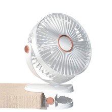 Ventilador de clipe recarregável com 5 velocidades, ajuste de 720 graus e LED branco para ambiente, pequeno e portátil.