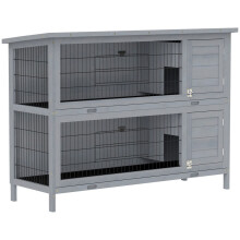 Jaula de madera para conejos de 2 niveles, techo de asfalto, bandeja base y puertas, adecuada para animales pequeños.