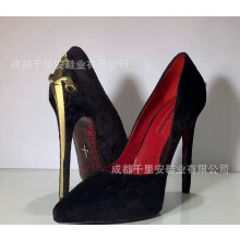 (Black velvet with gold hardware 38) Women's 10cm Stiletto High Heels, Pointed Toe, Shallow Mouth, Sword Detail, Plus Size, Premium Quality