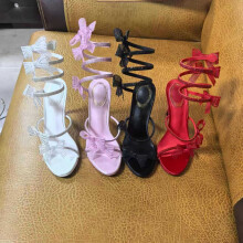 (Black 38) Women's Bow Rhinestone One-Strap Open Toe Round Toe Stiletto High Heel Sandals, Plus Size