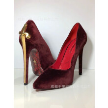 (Wine red velvet with gold buckle 42) Women's 10cm Stiletto High Heels, Pointed Toe, Shallow Mouth, Sword Detail, Plus Size, Premium Quality