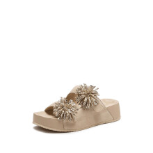 (Khaki slippers 40) Firework Rhinestone Holiday Vintage Slip-On Closed-Toe Platform Height-Increasing Sandals