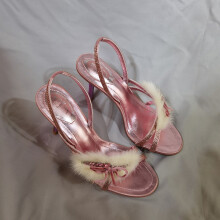 (Pink 8cm39) Luxury Mink Fur Stiletto Heel Sandals, Party Open Toe High Heels, Rhinestone Pink Slide Sandals