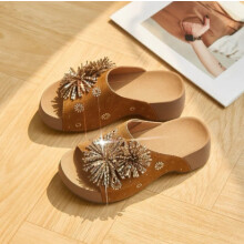 (Brown wedge heels 37) Firework Rhinestone Holiday Vintage Slip-On Closed-Toe Platform Height-Increasing Sandals
