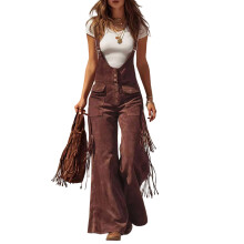 Women's Faux Suedes Fringe Cowgirl Jumpsuits-Burgundy XXL