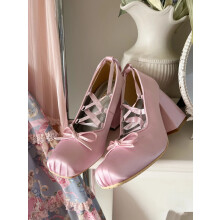 (Pink 39) French Sweet Lolita Bridal Mary Jane Shoes for Women, Red Chunky Heel Square Toe High Heels