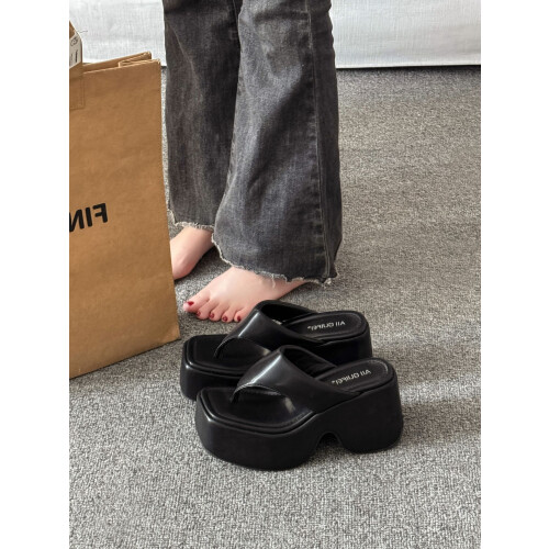 (Black 35) 10CM Platform Flip Flops Toe Post Wedge Sandals for Women