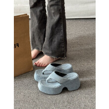 (Blue 35) 10CM Platform Flip Flops Toe Post Wedge Sandals for Women