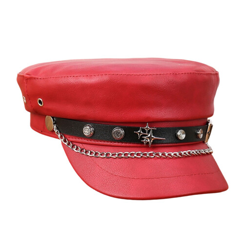 Practical And Stylish PU Leather Cap Features Flat Top-Red