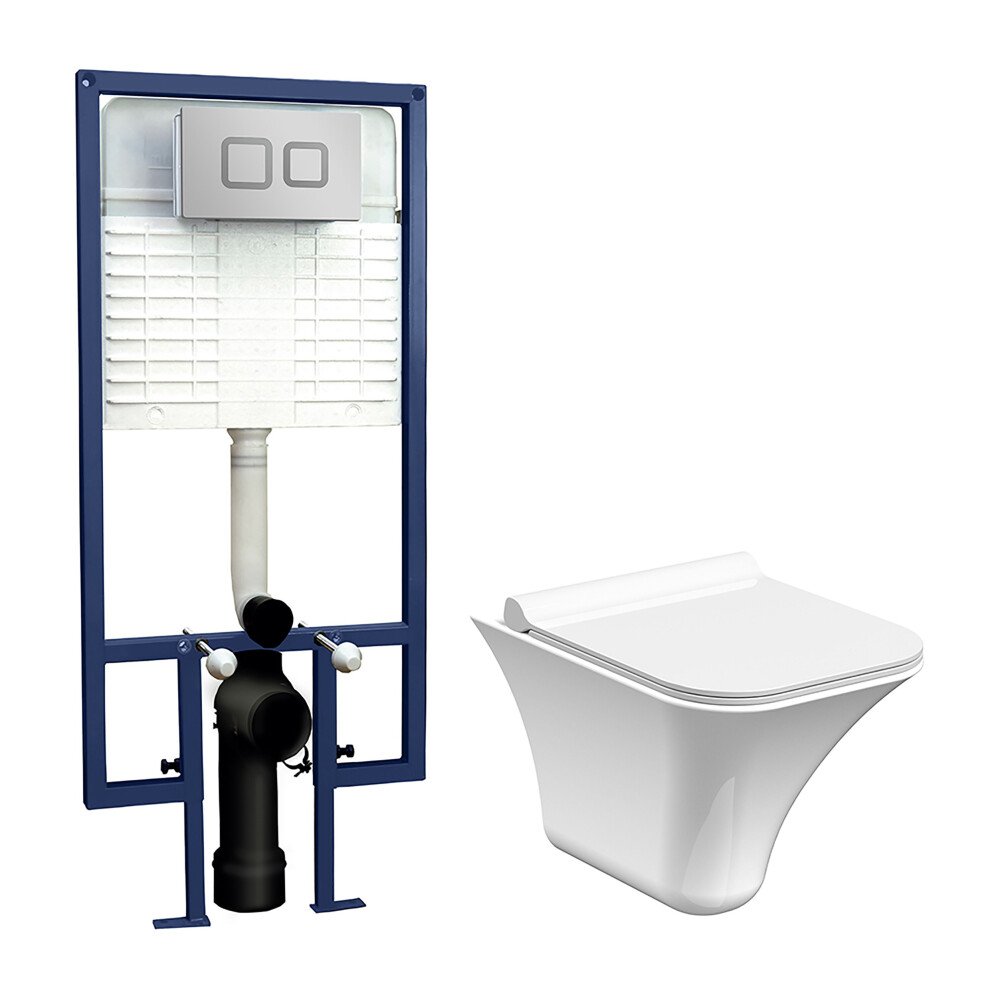 Porthill Rimless Wall Hung Toilet Pan, Soft Close Seat & Concealed Cistern With Square Push Button Plate, 355Mm - Balterley 5056678431436