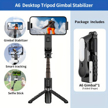 (Black A6) A6 Handheld Gimbal Stabilizer with 3-Color Fill Light - Includes Selfie Stick Tripod, Wireless Remote, USB Charging