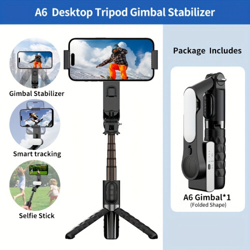 (Black A6) A6 Handheld Gimbal Stabilizer with 3-Color Fill Light - Includes Selfie Stick Tripod, Wireless Remote, USB Charging