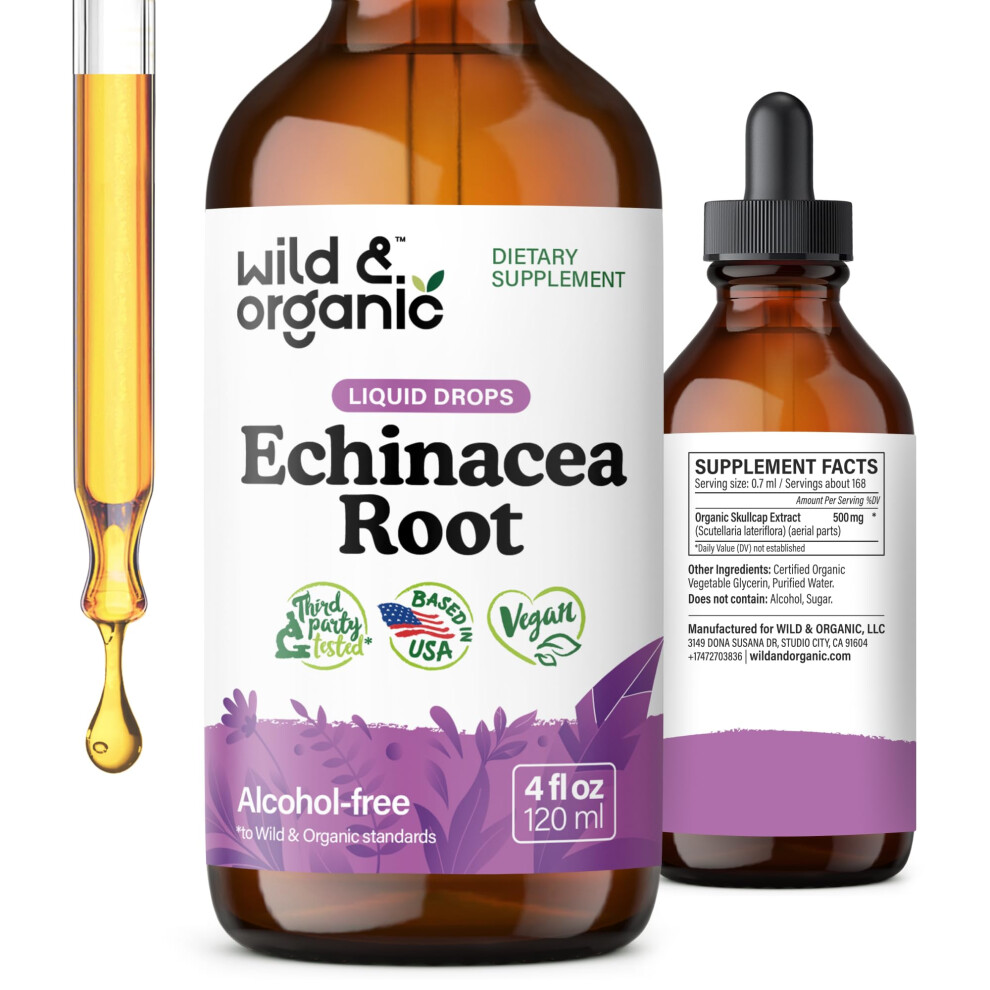 Wild & Organic Echinacea Drops - Immune Support Supplement With Echinacea Angustifolia - Liquid Root Extract Tincture - Vegan, Sugar & Alcohol-Free