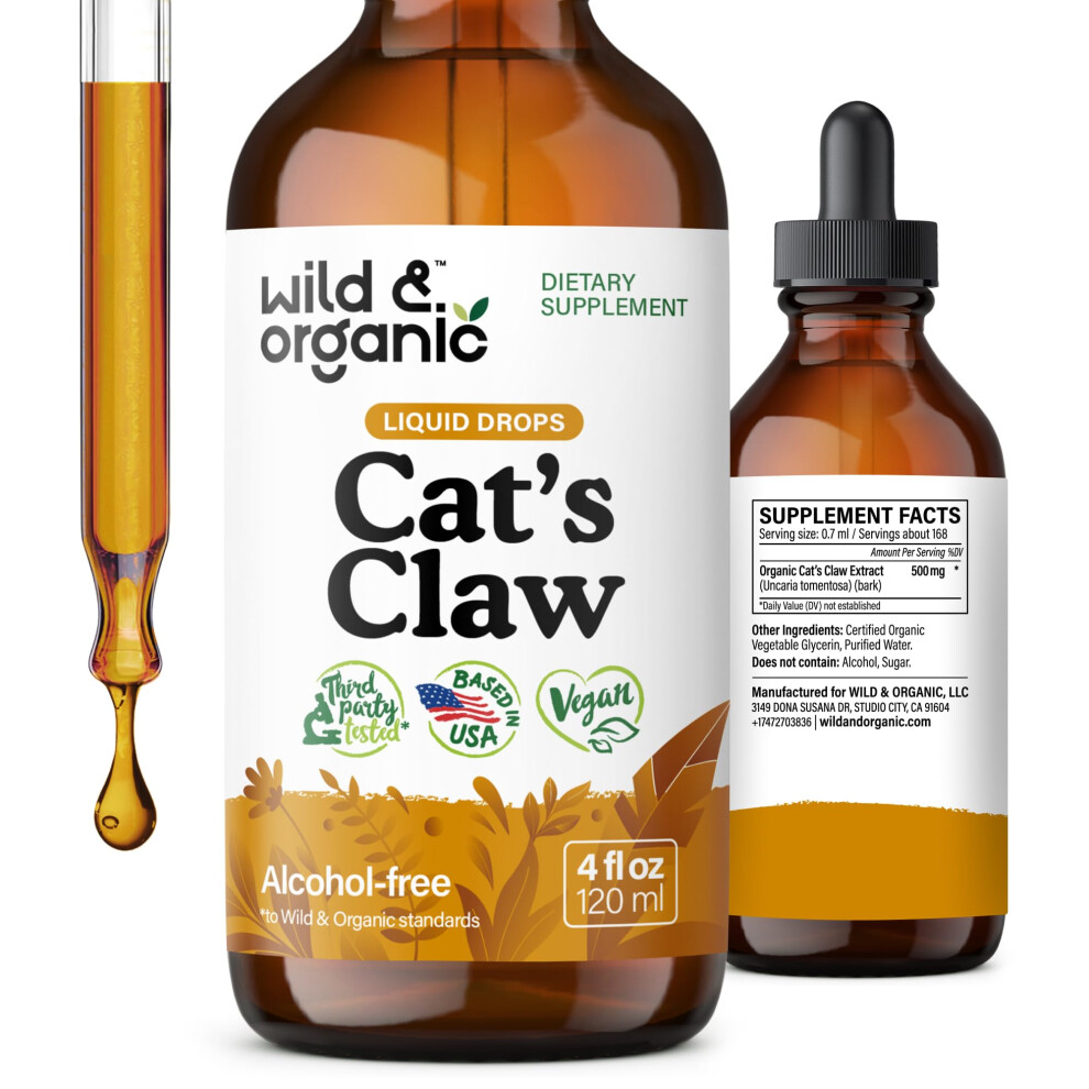 Wild & Organic Cats Claw Tincture - Immune Support Supplement - Cats Claw Herb Liquid Extract - Vegan, Sugar & Alcohol-Free Bark Based Drops - 4 Fl Oz