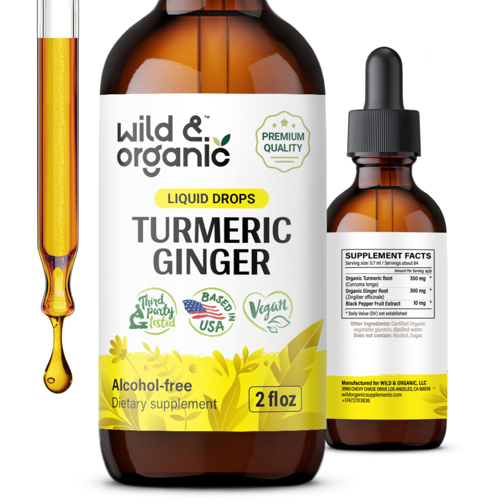 Wild & Organic Black Turmeric And Ginger Supplement Drops - Joint & Immune Support - Liquid Turmeric With Ginger And Pepper Extract - Curcumin Supplem