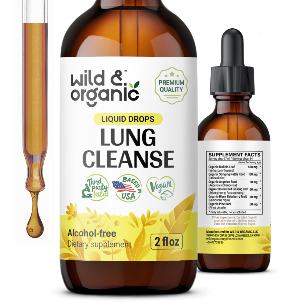 Wild & Organic Lung Cleanse Tincture - Mullein Leaf Extract For Lungs - Herbal Detox Supplements - Vegan, Sugar & Alcohol-Free Mullein Drops - 2 Fl Oz