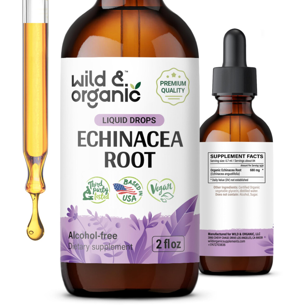 Wild & Organic Echinacea Tincture - Immune Support Drops With Liquid Echinacea Root Extract - Angustifolia Supplements - Vegan, Sugar & Alcohol-Free