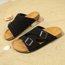 (Black, 8.5) Men's Adjustable Double Buckle Slide Sandals - Casual Beige Upper with Brown Sole, Non-Slip & Durable