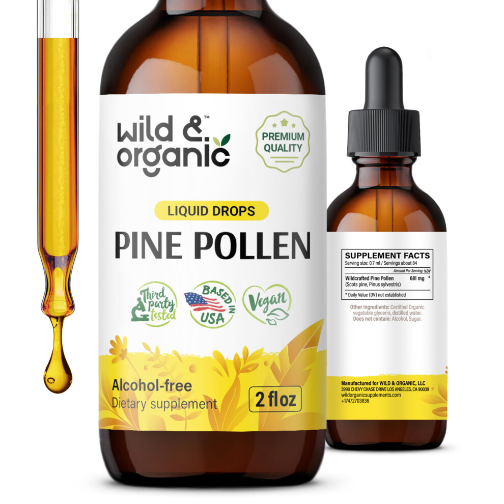 Wild & Organic Pine Pollen Tincture - Antioxidant & Immune Support - Pine Pollen Extract Drops - Vegan, Sugar & Alcohol-Free Liquid Supplement - 2 Fl